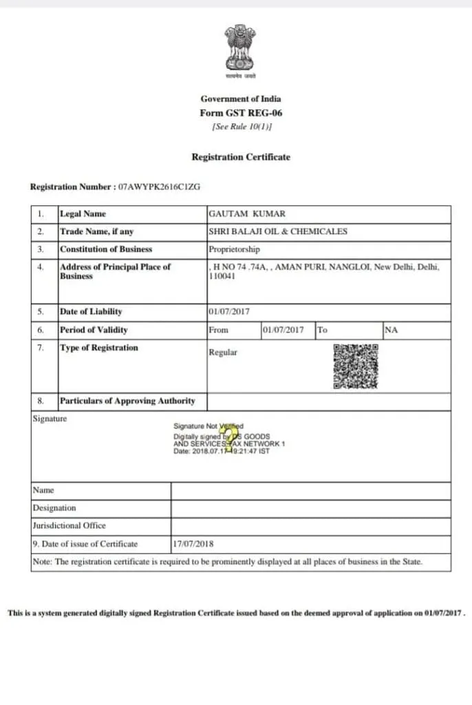 Government of India GST Registration Certificate (Form GST REG-06) issued to Shri Balaji Oil & Chemicals, showing GST registration details, business information, and principal place of business in New Delhi.