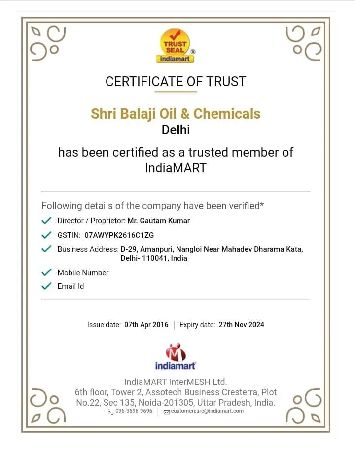 IndiaMART Trust Seal Certificate awarded to Shri Balaji Oil & Chemicals, Delhi, recognizing the company as a trusted member with verified business details, GSTIN, proprietor information, and business address.