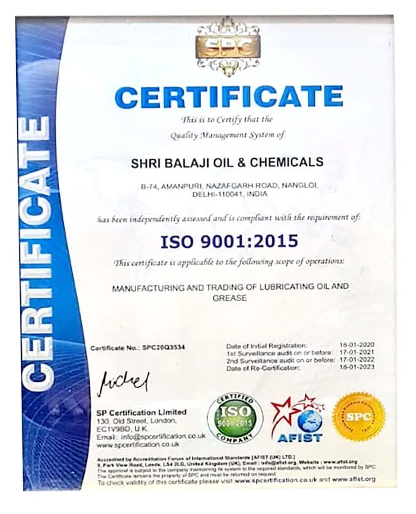 ISO 9001:2015 Quality Management System certificate awarded to Shri Balaji Oil & Chemicals for manufacturing and trading of lubricating oil and grease, issued by SPC Certification Limited.