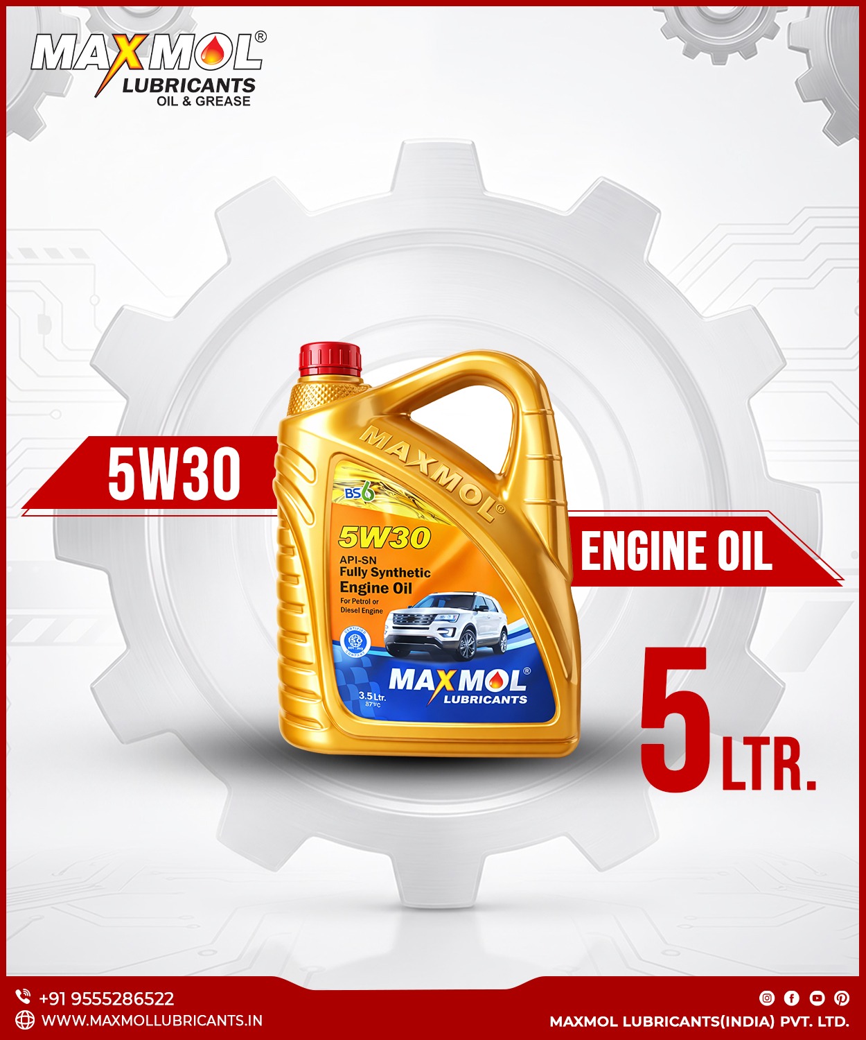 MAXMOL 5W30 Engine oil Fully Synthetic Engine Oil 5 Litre | API-SN Petrol & Diesel Engine Oil