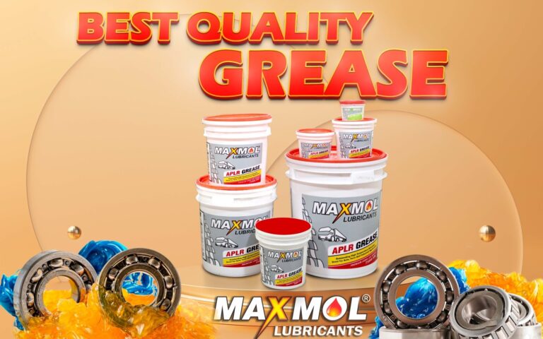 Maxmol Lubricants promotional graphic featuring multiple containers of APLR grease surrounded by industrial bearings and colorful grease, with “BEST QUALITY GREASE” prominently displayed at the top.