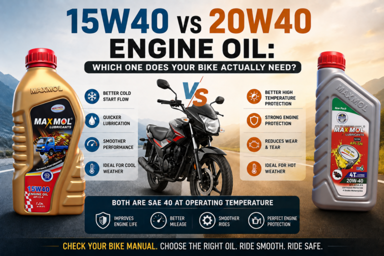 MAXMOL Lubricants 15W40 vs 20W40 engine oil comparison featuring MAXMOL 15W40 and 20W40 4T bike engine oil bottles, motorcycle, cold-weather flow, high-temperature protection, engine protection, smoother performance, and reduced wear.