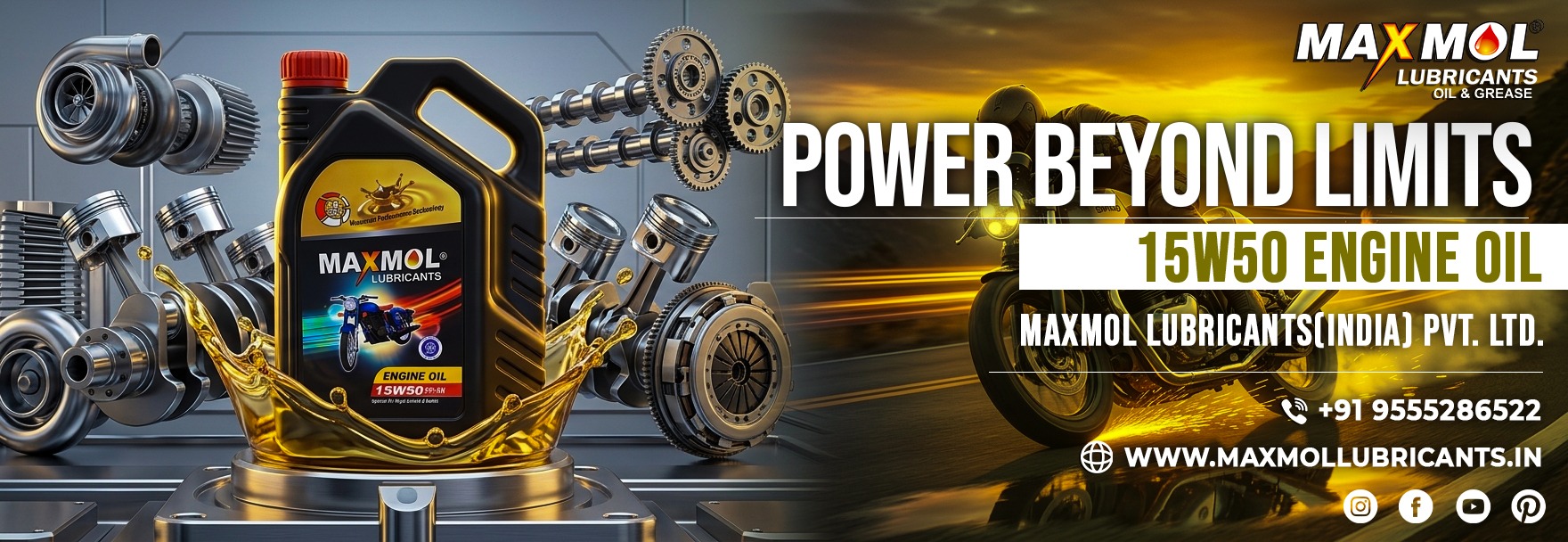 Maxmol 15W50 motorcycle engine oil for 4-stroke bikes, delivering superior engine protection, high-temperature stability, smooth performance, reduced engine wear, and long-lasting lubrication for daily riding and high-performance motorcycles.