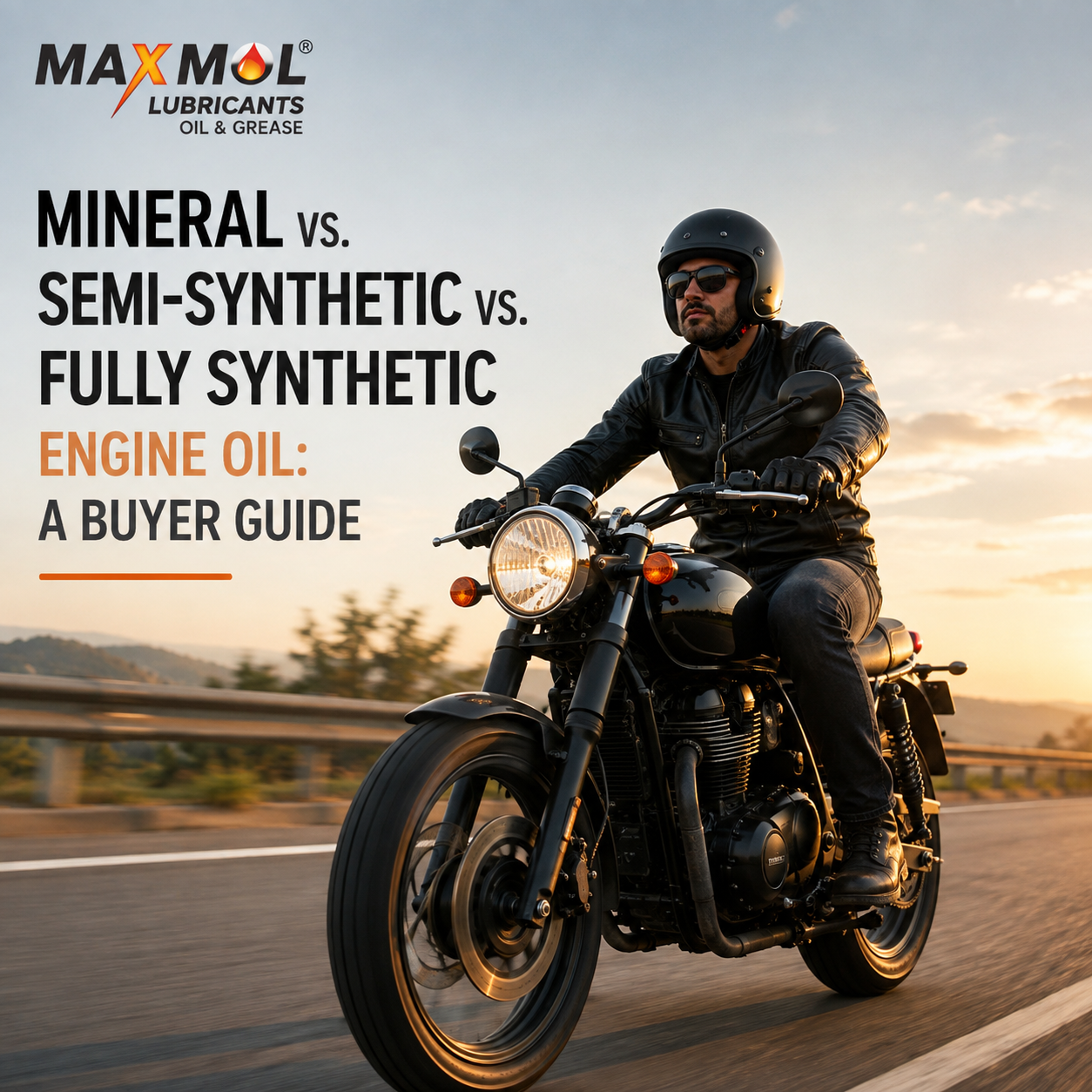 MAXMOL Lubricants engine oil buyer guide showing a man riding a motorcycle while comparing mineral, semi-synthetic, and fully synthetic engine oil options for bike engine oil selection.