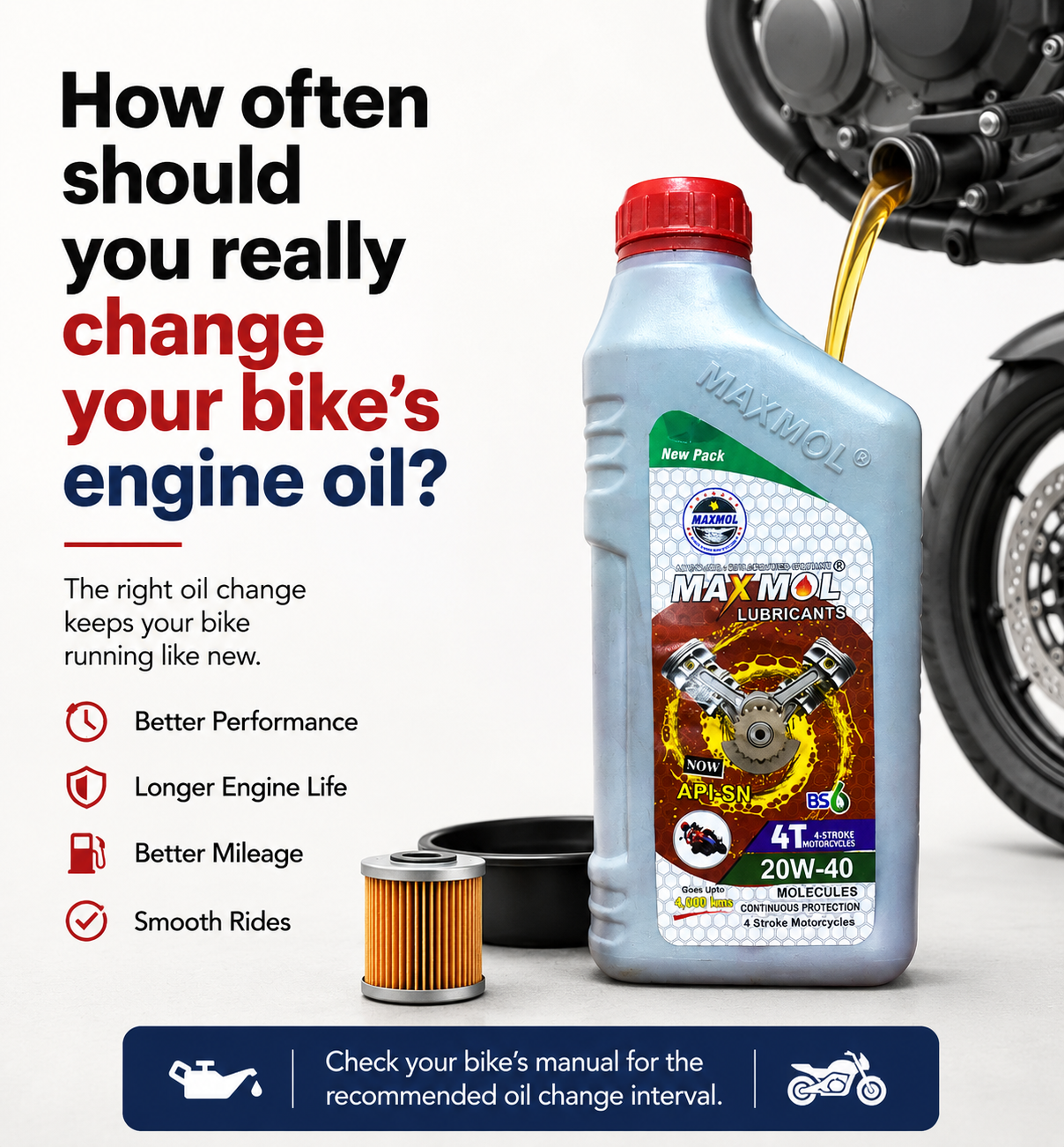 MAXMOL 20W-40 4T motorcycle engine oil bottle beside an oil filter, with a motorcycle engine being filled with oil and information about engine oil change intervals, performance, engine life, mileage, and smooth rides.