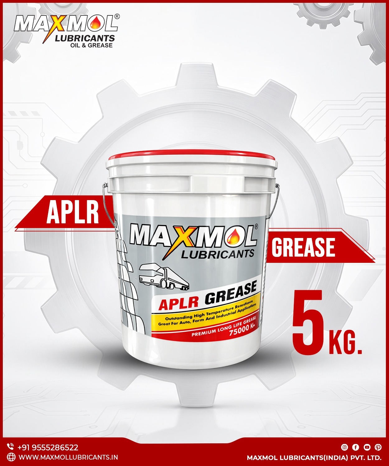 Maxmol Lubricants APLR Grease 5 kg bucket, premium long-life automotive grease with 75,000 km performance claim.