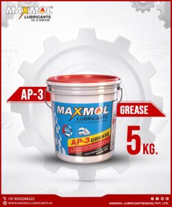 A 5 kg MAXMOL Lubricants AP-3 Grease bucket with a red lid, shown centered against a white industrial gear background. The product label reads “MAXMOL Lubricants AP-3 Grease,” with red promotional graphics highlighting “AP-3 Grease” and “5 KG.”