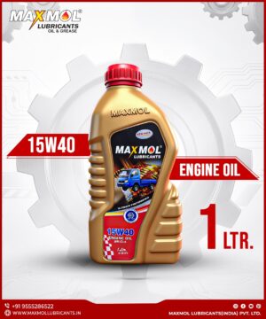 Maxmol Lubricants 15W40 engine oil in a 1-liter plastic bottle, shown against a white gear-themed background with red accents. The bottle has a red cap and a label featuring a blue truck, with “15W40” and “Engine Oil” prominently displayed.