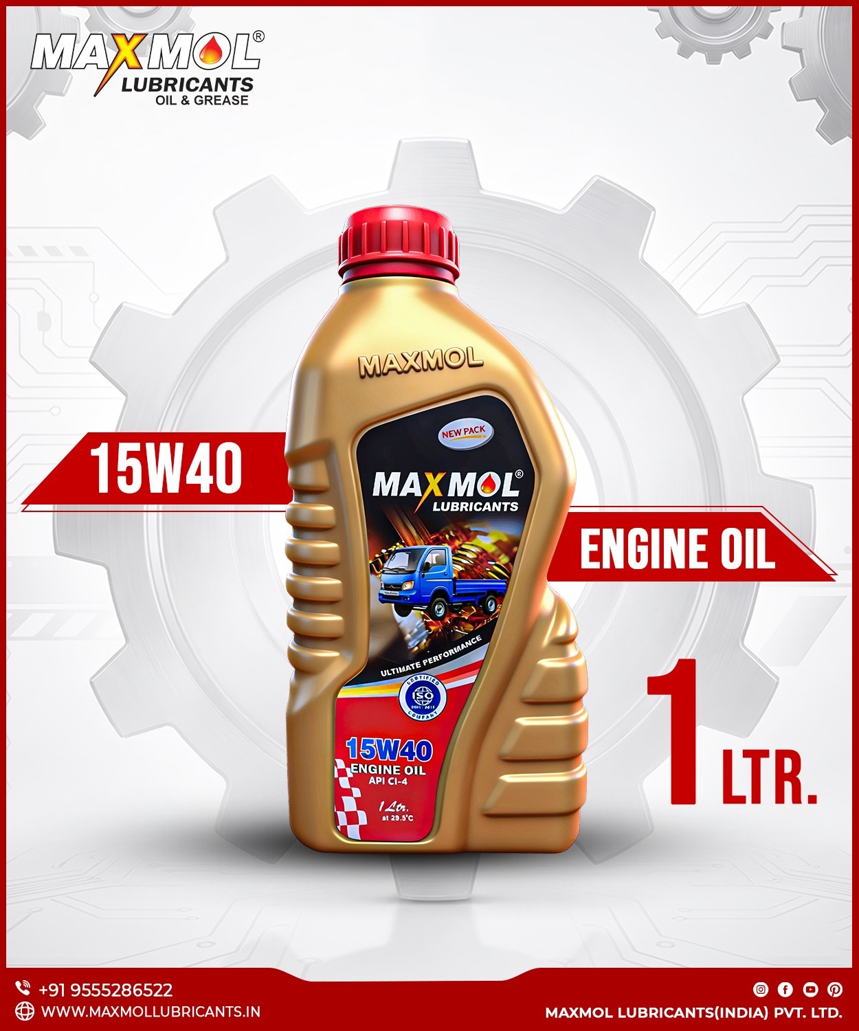 Maxmol Lubricants 15W40 engine oil in a 1-liter plastic bottle, shown against a white gear-themed background with red accents. The bottle has a red cap and a label featuring a blue truck, with “15W40” and “Engine Oil” prominently displayed.