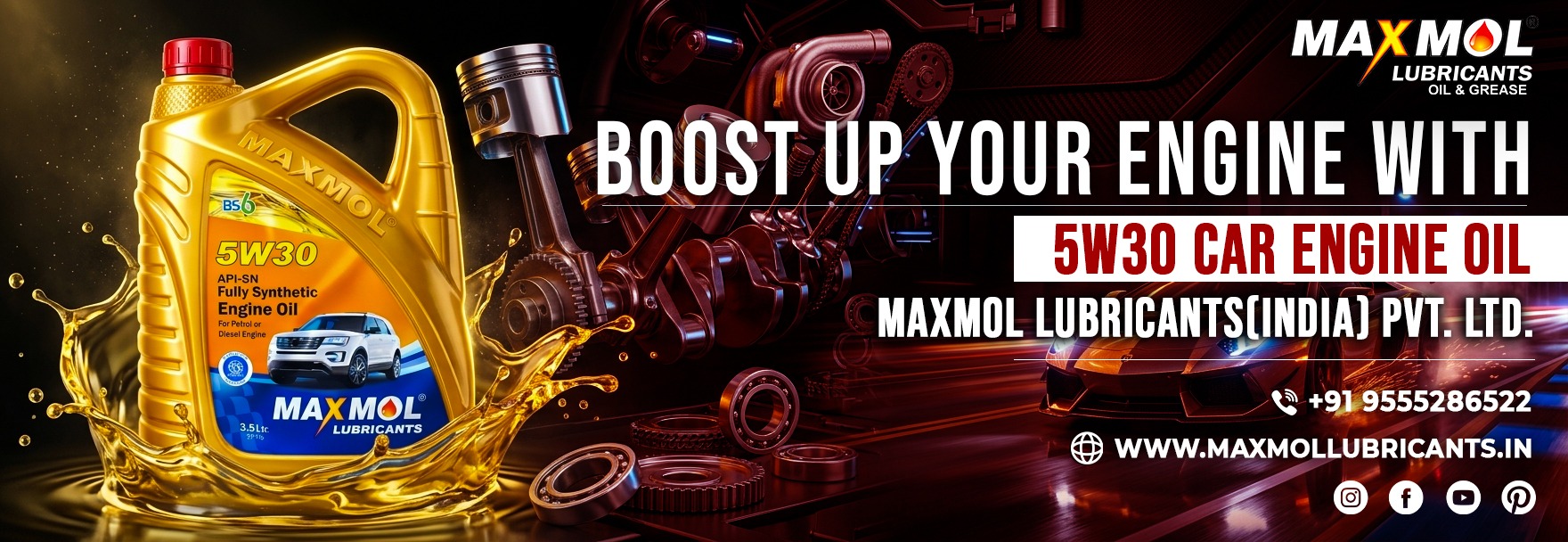 Maxmol 5W30 fully synthetic car engine oil for petrol and diesel vehicles, providing superior engine protection, improved fuel efficiency, smooth performance, and long-lasting lubrication for modern car engines.