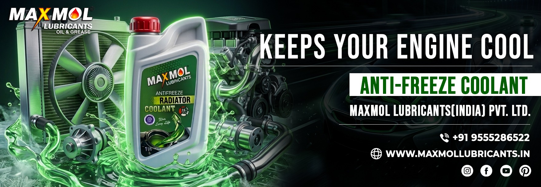 Maxmol Anti-Freeze Radiator Coolant for cars and commercial vehicles, providing superior engine cooling, overheating protection, corrosion resistance, and long-lasting radiator performance in all weather conditions.