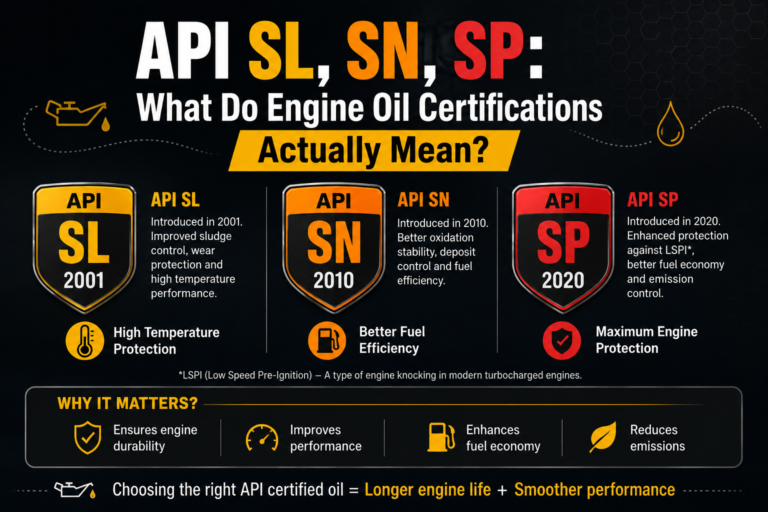 Infographic explaining API SL, SN, and SP engine oil certifications, showing their introduction years, key benefits, and how API-certified oil supports engine durability, performance, fuel economy, and emissions control.