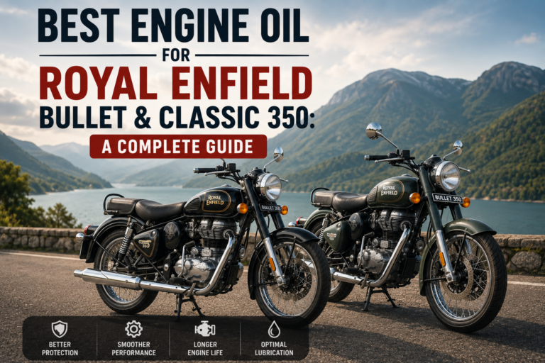 Royal Enfield Bullet 350 and Classic 350 with motorcycle engine oil bottles showing the recommended 15W-50, API SL, and JASO MA2 specifications.