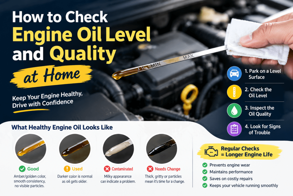 How to check engine oil level and quality at home using a dipstick, with examples of healthy, used, and contaminated engine oil.
