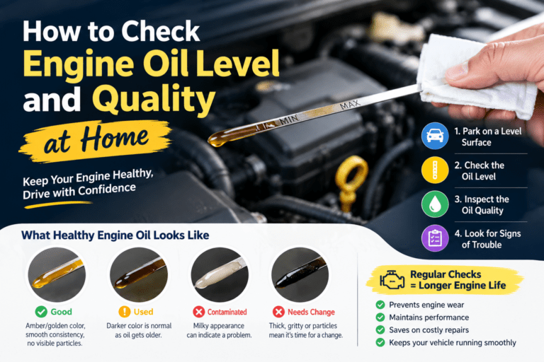 How to check engine oil level and quality at home using a dipstick, with examples of healthy, used, and contaminated engine oil.