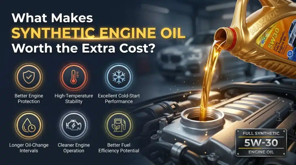 Full synthetic 5W-30 engine oil being poured into a car engine, showing benefits of better engine protection, high-temperature stability, cold-start performance, and longer oil-change intervals