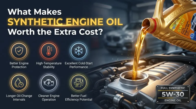 Full synthetic 5W-30 engine oil being poured into a car engine, showing benefits of better engine protection, high-temperature stability, cold-start performance, and longer oil-change intervals