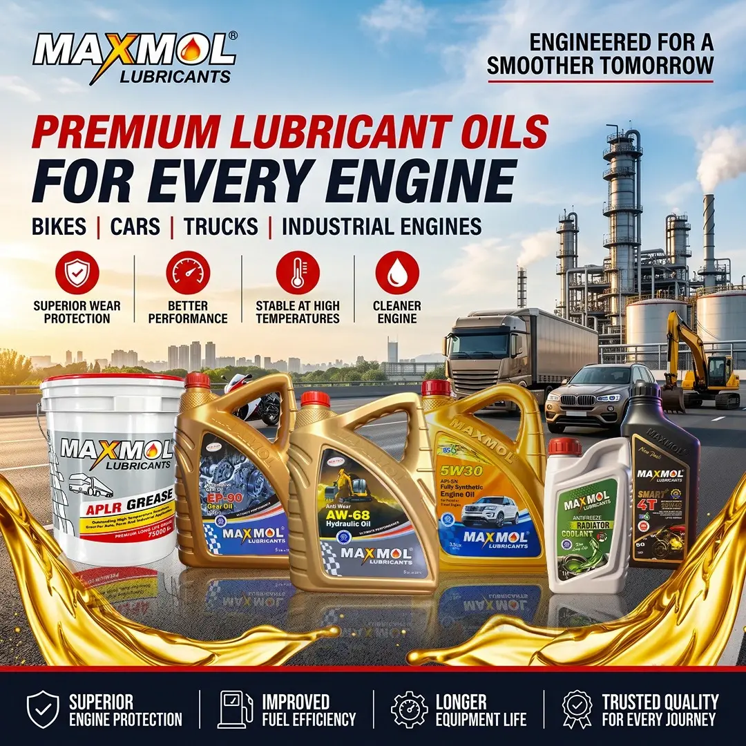 MAXMOL lubricant oil products for bikes, cars, trucks and industrial engines, including engine oil, gear oil, hydraulic oil, radiator coolant and grease.